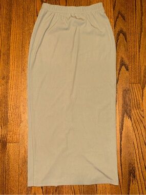 Grace Karin Light Army Green Ribbed Midi Skirt with Elastic Waist Slit Back